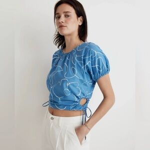 NWT Madewell Poplin Puff Sleeve Cutout Crop Top in Ornamental Blue Size L